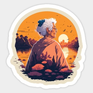 Old Woman in a River with a Sunset Sticker